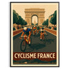 Stylized cyclist racing through green and brown landscapes for Tour de France - in a black frame