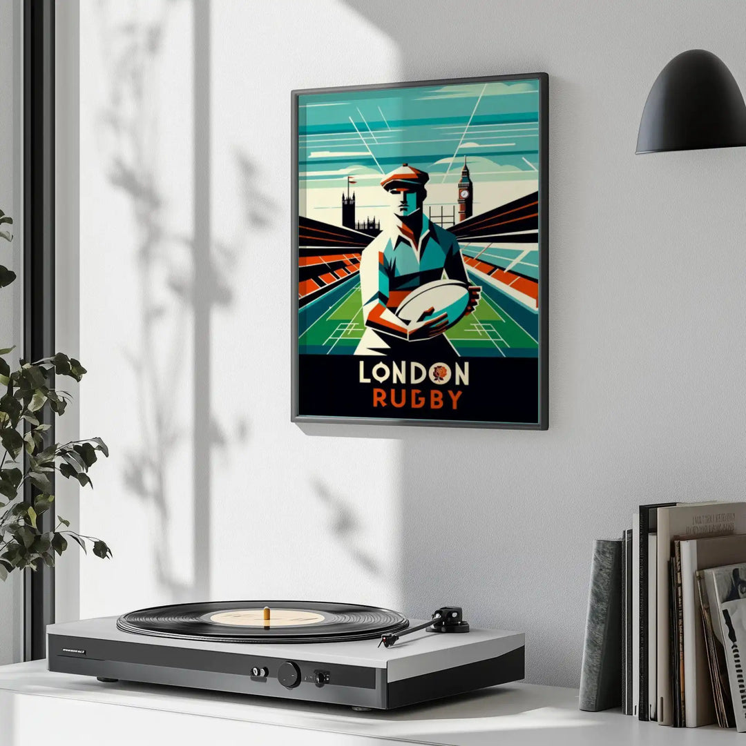 London rugby poster, dynamic graphic artwork of players, vivid energetic design