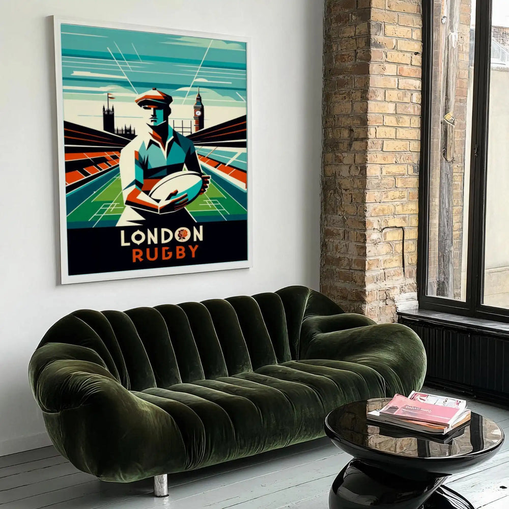 London rugby poster, dynamic graphic artwork of players, vivid energetic design