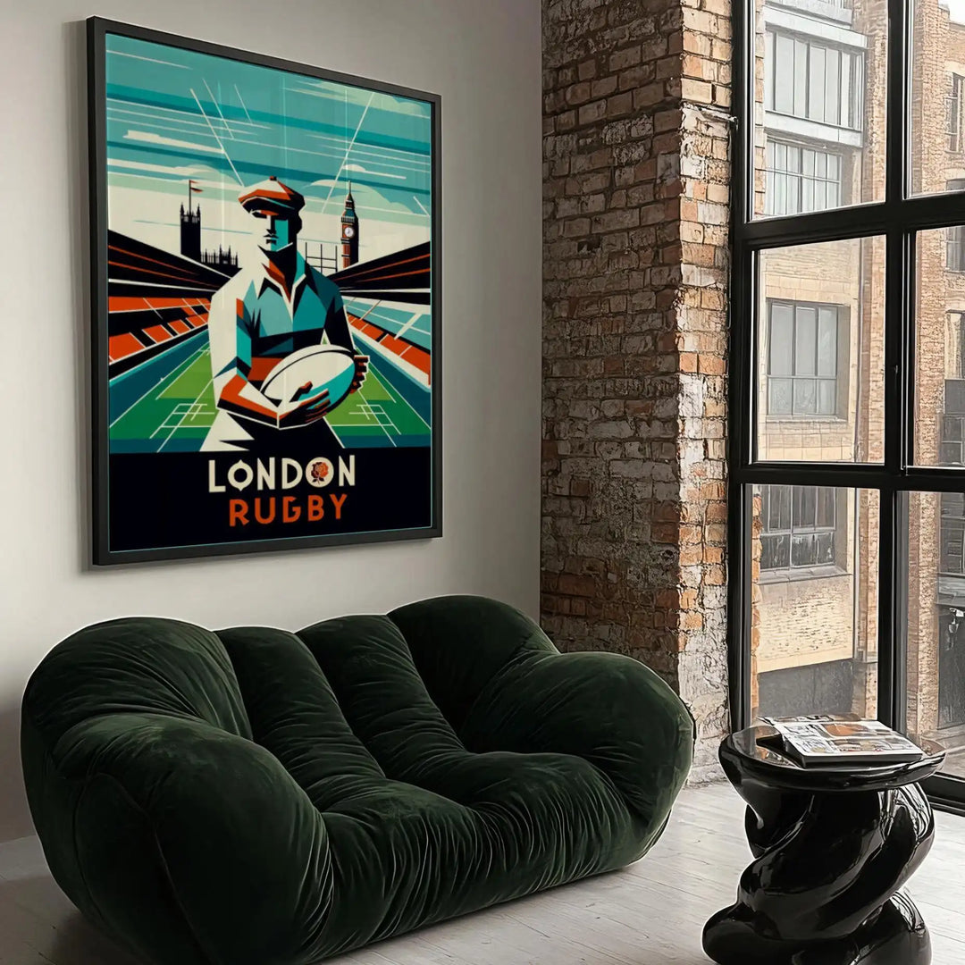 London rugby poster, dynamic graphic artwork of players, vivid energetic design