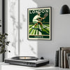Art Deco illustration of tennis players at Wimbledon with green and yellow accents
