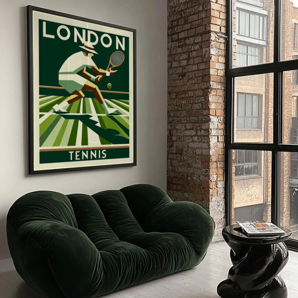 Art Deco illustration of tennis players at Wimbledon with green and yellow accents