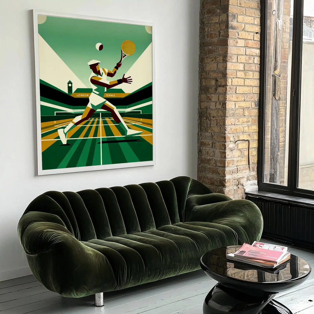 Illustrazione di giocatori di tennis a Wimbledon, con erba verde e cielo blu