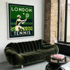 Art Deco-Illustration von Tennisspielern in Wimbledon, mit grünen und beigen Tönen