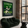 Art Deco-Illustration von Tennisspielern in Wimbledon, mit grünen und beigen Tönen