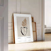 Colorful boho poster featuring abstract shapes and patterns in green and black - leaning on a herringbone floor against a white panelled wall