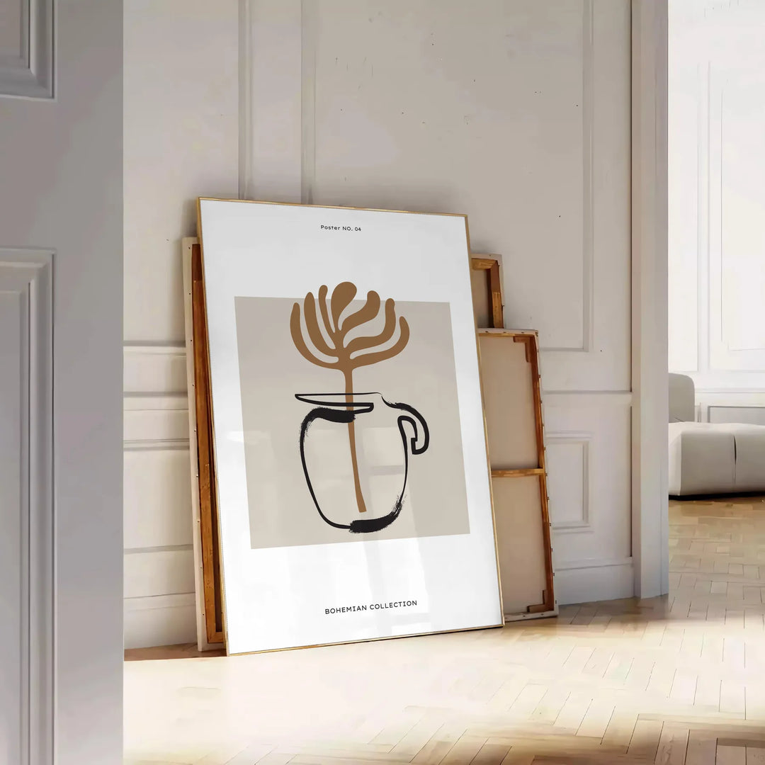 Abstract boho design featuring earthy tones and minimalist shapes - leaning on a herringbone floor against a white panelled wall