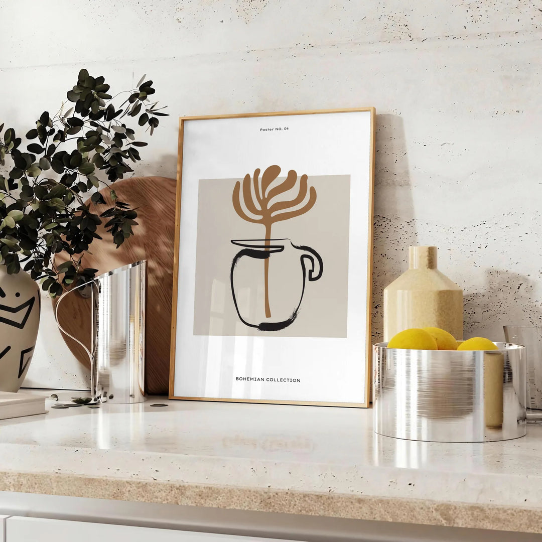 Abstract boho design featuring earthy tones and minimalist shapes - styled on a counter with eucalyptus and a bowl of lemons