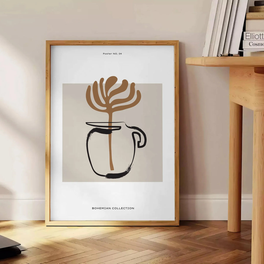 Abstract boho design featuring earthy tones and minimalist shapes - beside a round wooden side table with books