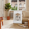 Abstract boho design featuring earthy tones and minimalist shapes - in a Parisian living room with a sofa and a fig plant