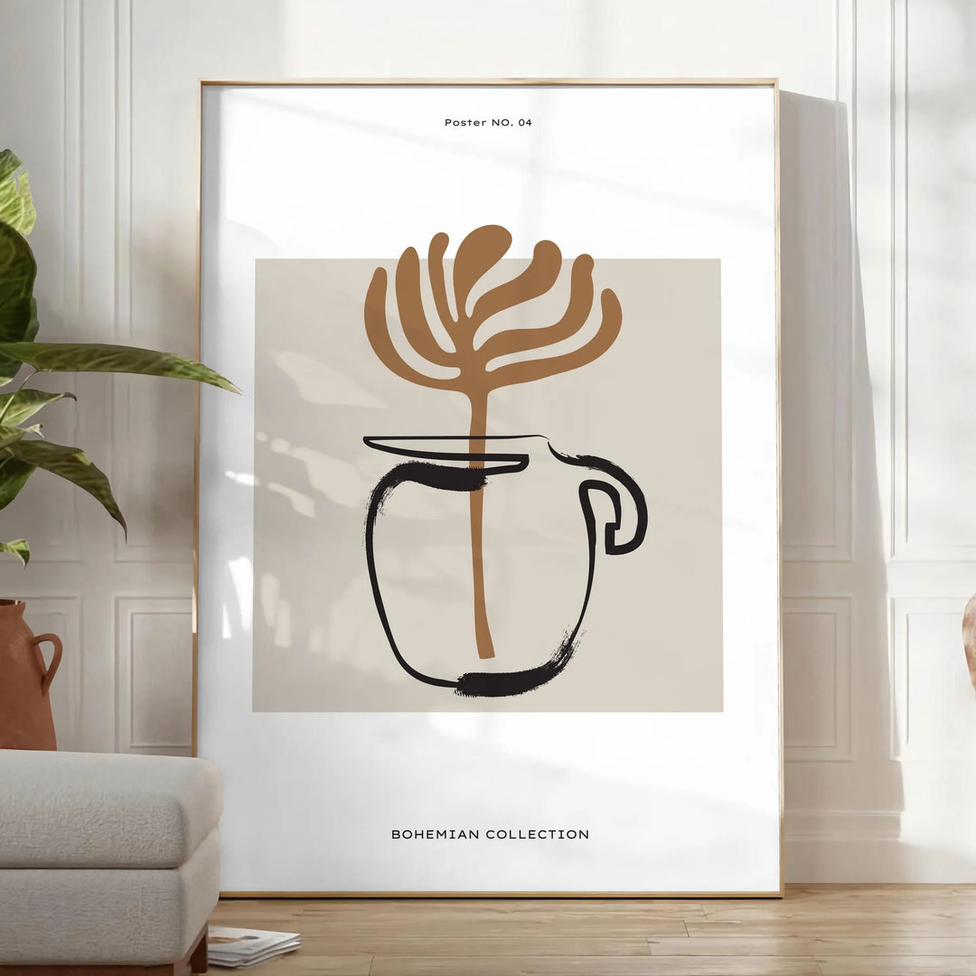 Abstract boho design featuring earthy tones and minimalist shapes - in a bright minimalist room with a plant and an armchair