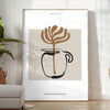 Abstract boho design featuring earthy tones and minimalist shapes - in a bright minimalist room with a plant and an armchair