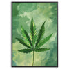 A detailed illustration of green leaves against a gray background - in a black frame