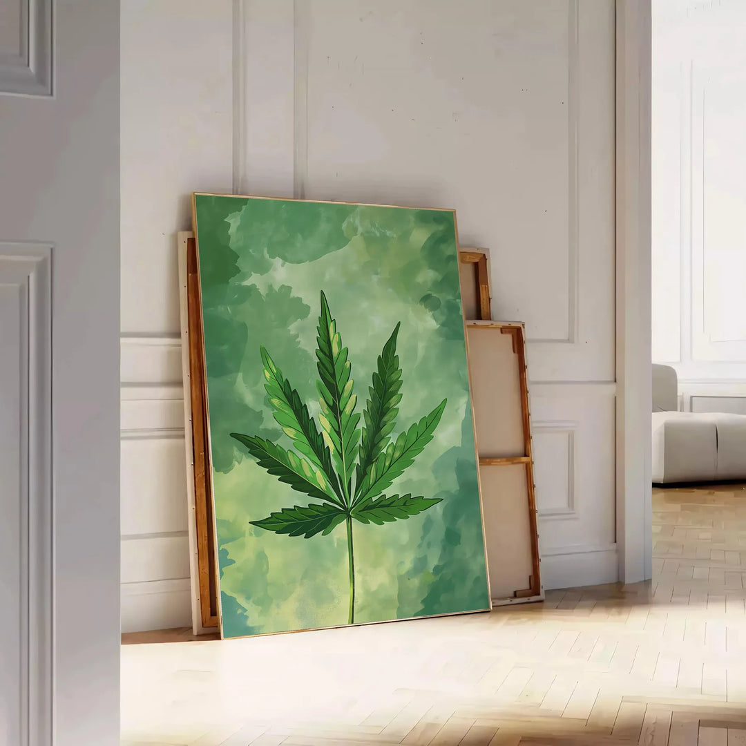 A detailed illustration of green leaves against a gray background - leaning on a herringbone floor against a white panelled wall