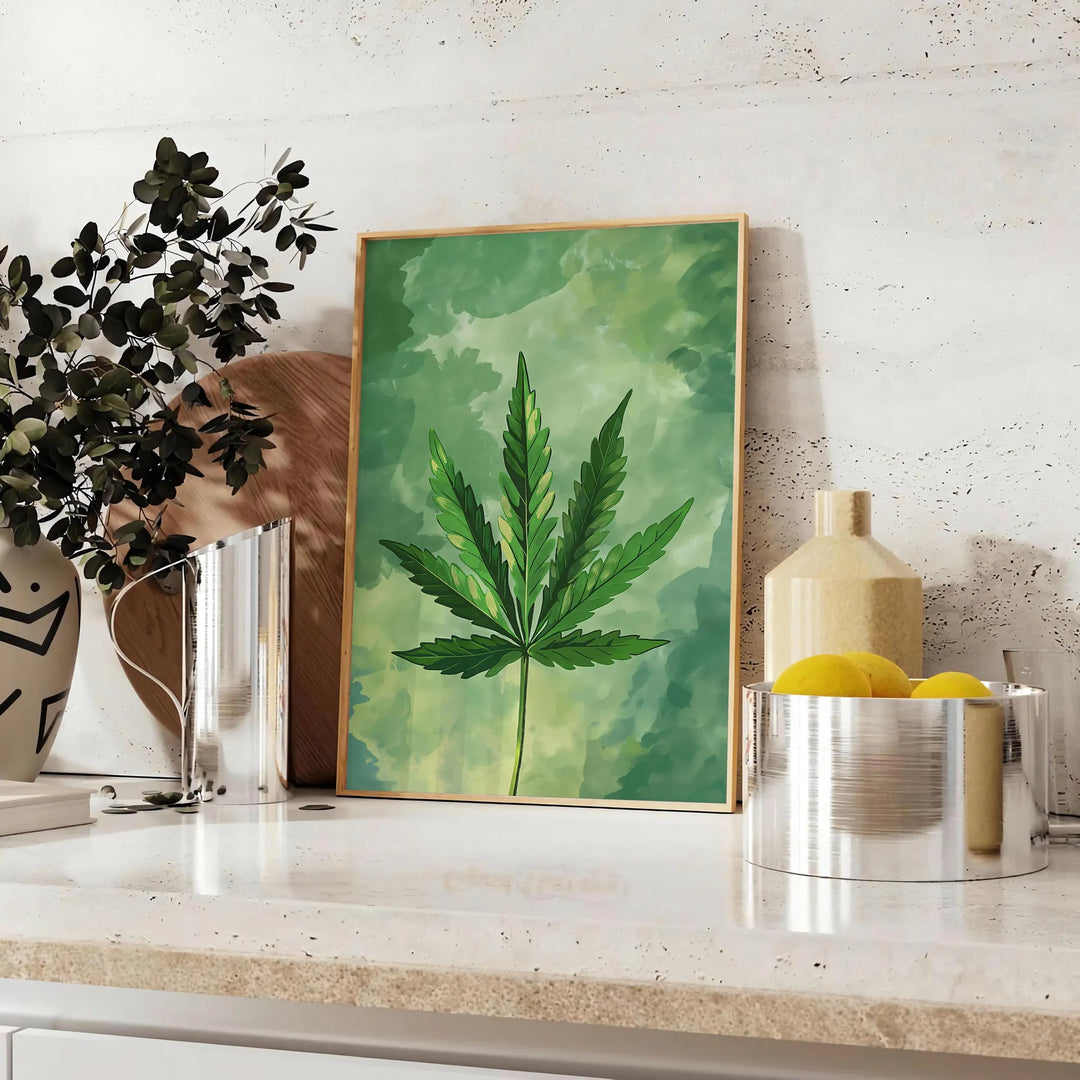 A detailed illustration of green leaves against a gray background - styled on a counter with eucalyptus and a bowl of lemons