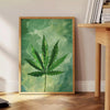 A detailed illustration of green leaves against a gray background - beside a round wooden side table with books