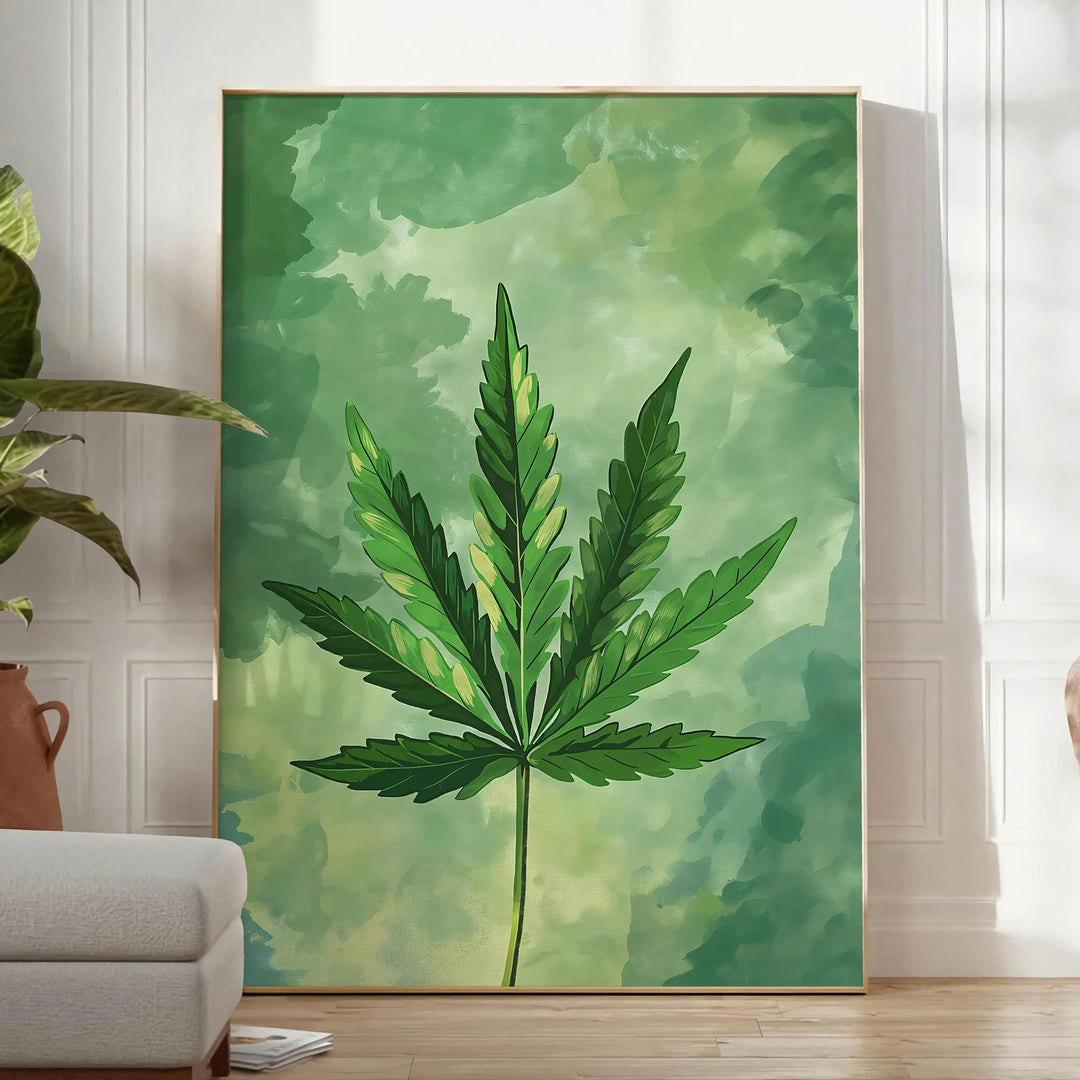 A detailed illustration of green leaves against a gray background - in a bright minimalist room with a plant and an armchair