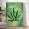 A detailed illustration of green leaves against a gray background - in a bright minimalist room with a plant and an armchair