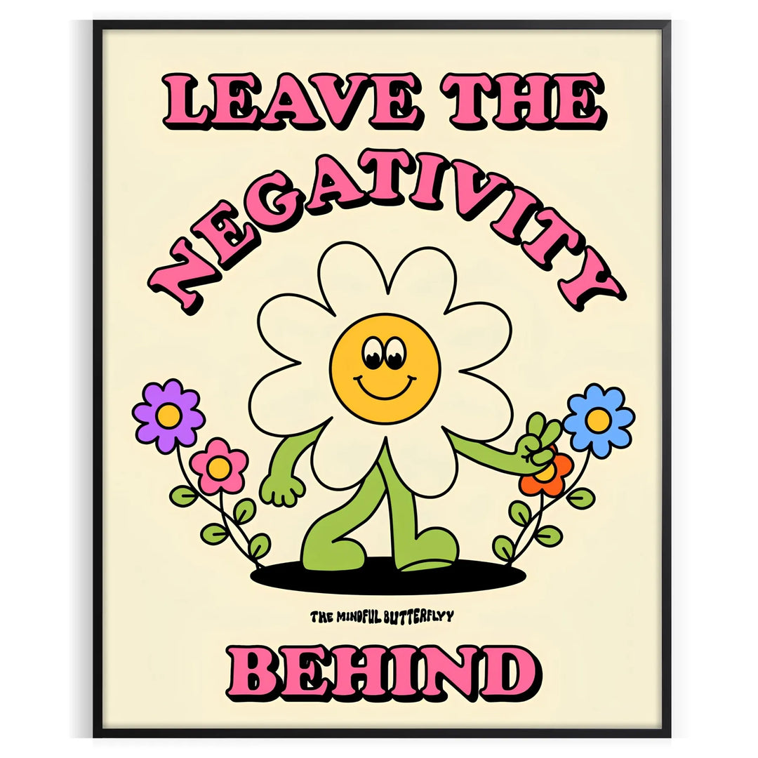 A groovy poster featuring bold yellow and black colors with a space theme and motivational text. - in a black frame