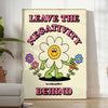 A groovy poster featuring bold yellow and black colors with a space theme and motivational text. - in a bright minimalist room with a plant and an armchair