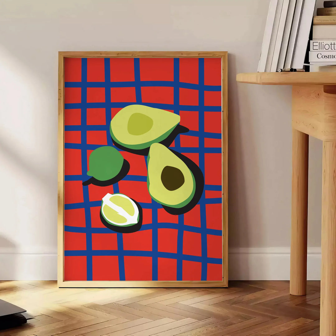 Colorful illustration of various vegetables in a whimsical style - beside a round wooden side table with books