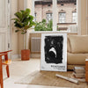 Maximalist poster featuring abstract space elements in black and blue tones - in a Parisian living room with a sofa and a fig plant