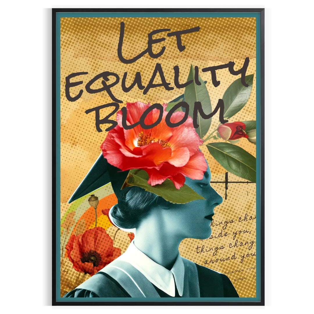 Vintage poster featuring blooming flowers in green and blue hues
