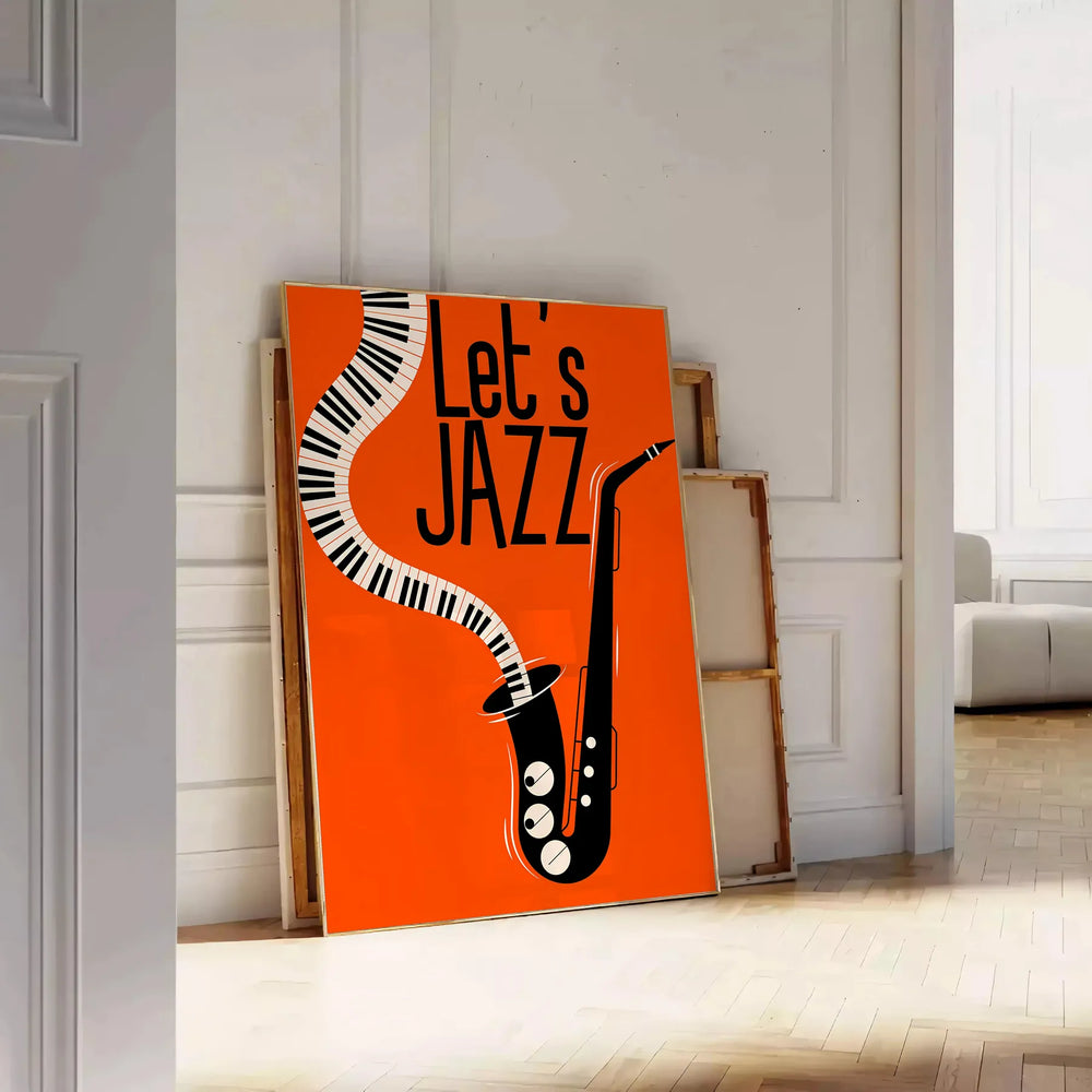 Maximalist poster featuring bold orange and black abstract shapes with jazz elements