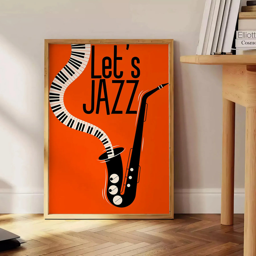 Maximalist poster featuring bold orange and black abstract shapes with jazz elements - beside a round wooden side table with books
