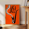 Maximalist poster featuring bold orange and black abstract shapes with jazz elements - beside a round wooden side table with books