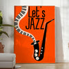 Maximalist poster featuring bold orange and black abstract shapes with jazz elements - in a bright minimalist room with a plant and an armchair