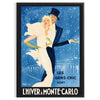 Vintage travel poster of Monte Carlo featuring bold orange and black colors - in a black frame