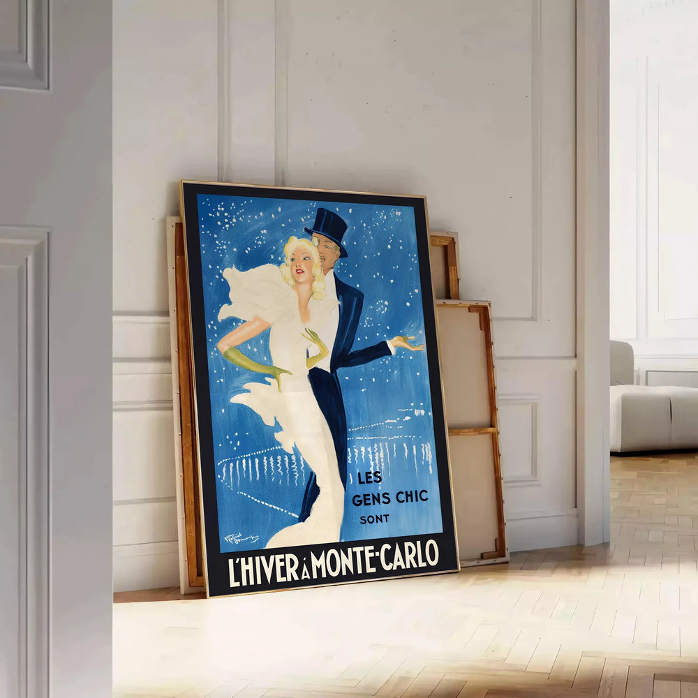 Vintage travel poster of Monte Carlo featuring bold orange and black colors