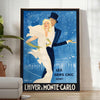 Vintage travel poster of Monte Carlo featuring bold orange and black colors - in a bright minimalist room with a plant and an armchair