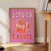 Colorful abstract design with party elements and joyful energy - beside a round wooden side table with books