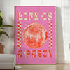 Colorful abstract design with party elements and joyful energy - in a bright minimalist room with a plant and an armchair