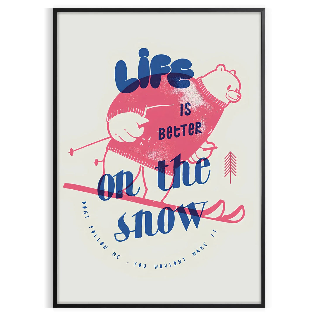 Maximalist poster featuring a snowy landscape with bold blue and white colors - in a black frame