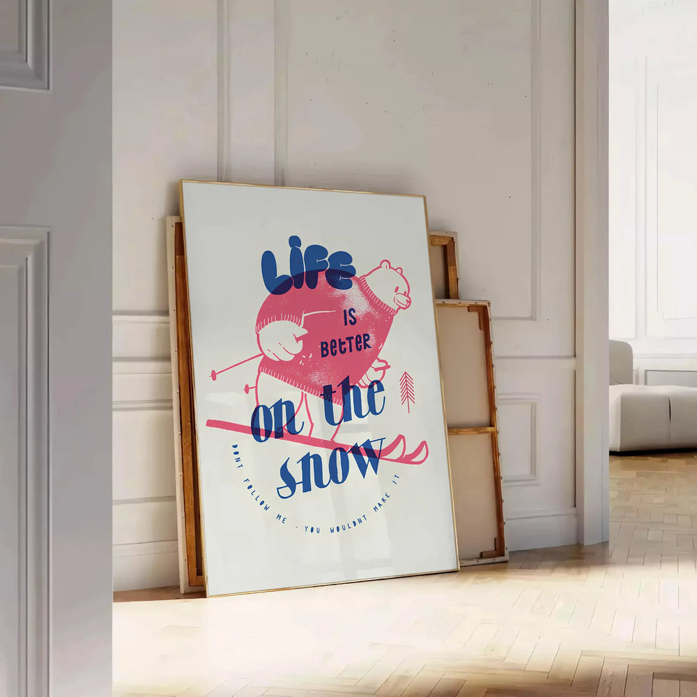 Maximalist poster featuring a snowy landscape with bold blue and white colors