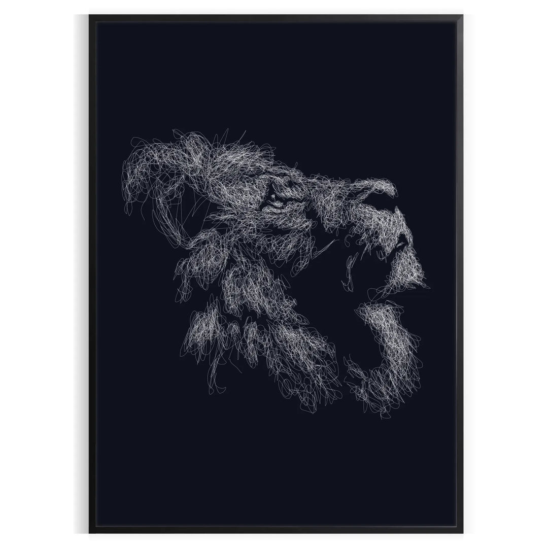 A black lion's head with green accents in a bold, modern style - in a black frame