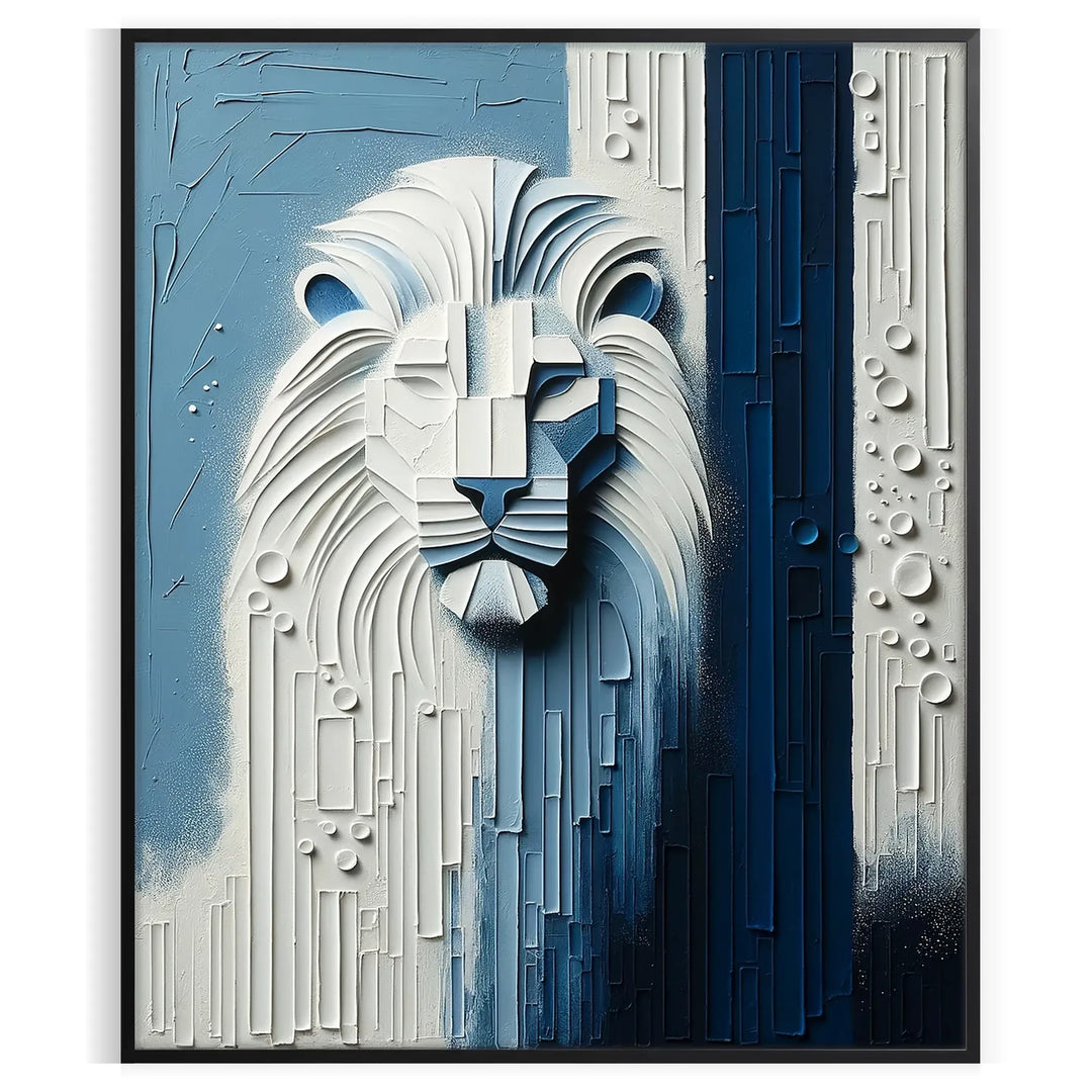 A realistic depiction of a lion's face with gray and green tones