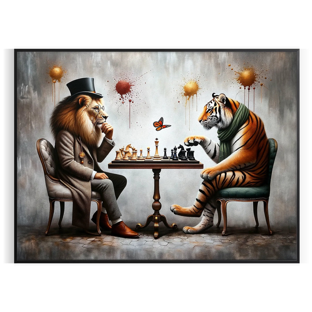 A chessboard featuring a lion and tiger, surrounded by jungle elements in green and black. - in a black frame