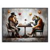 A chessboard featuring a lion and tiger, surrounded by jungle elements in green and black. - in a black frame