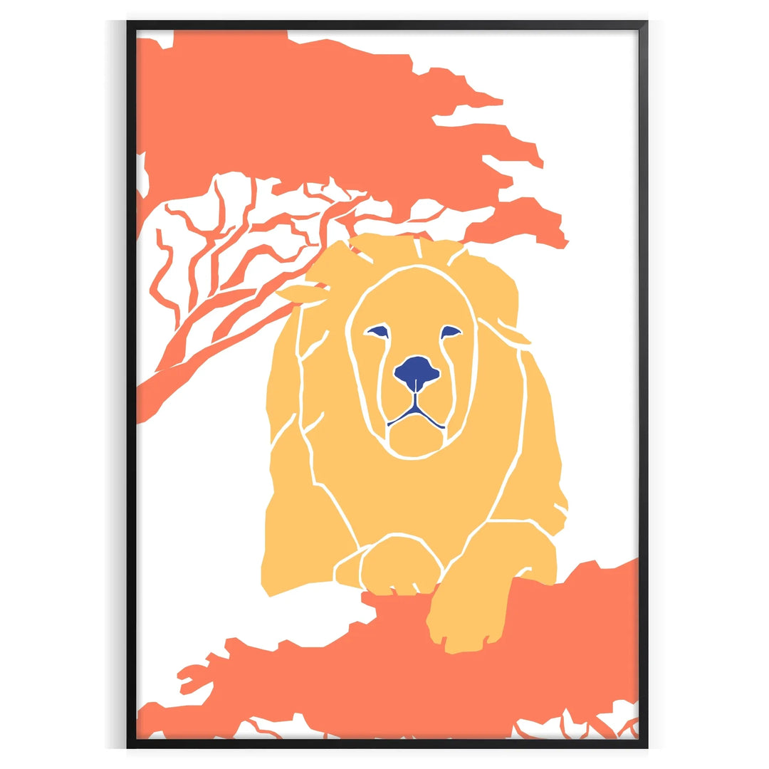 A lion resting in a natural habitat, featuring warm orange and blue tones