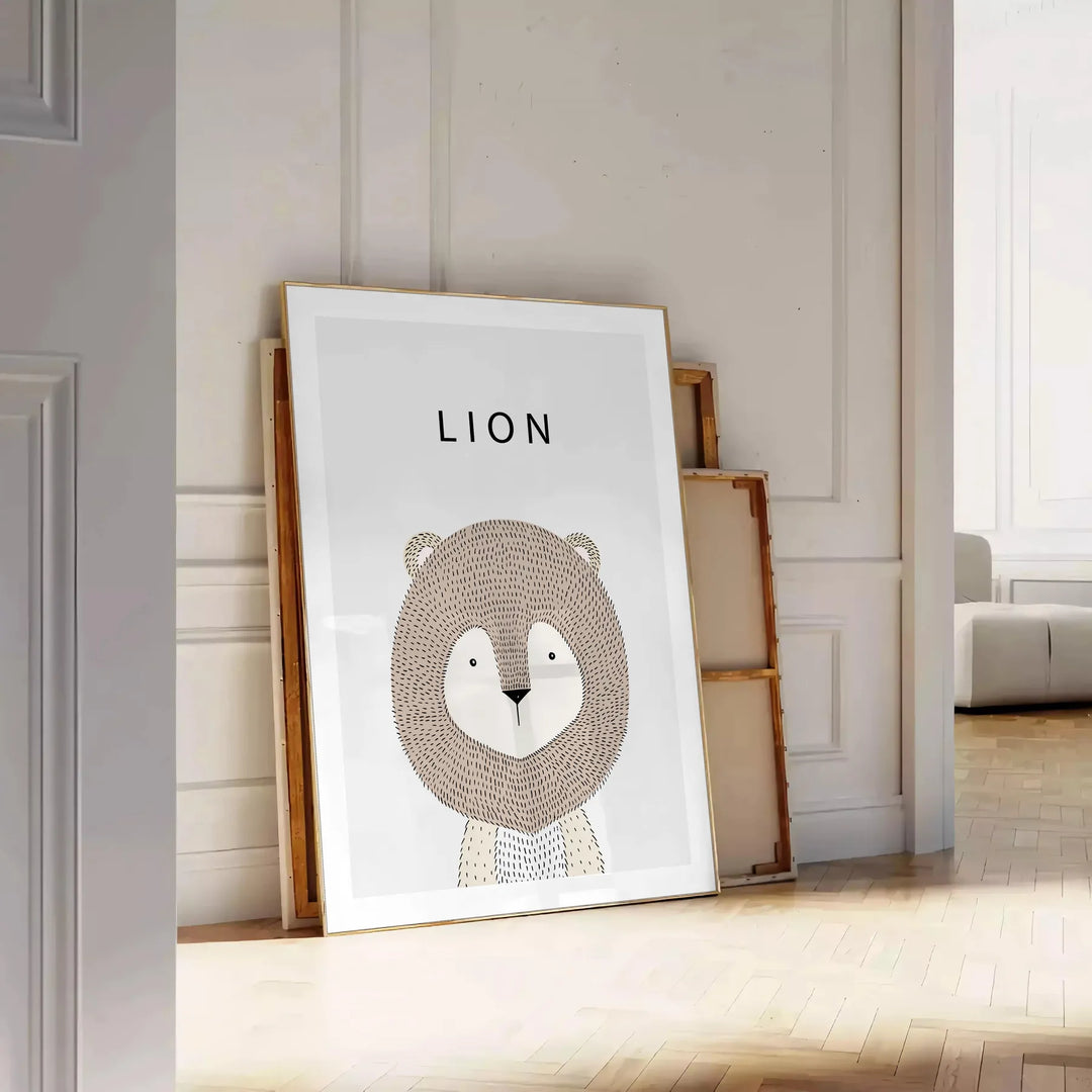 A realistic lion portrait in shades of gray and black - leaning on a herringbone floor against a white panelled wall