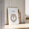 A realistic lion portrait in shades of gray and black - leaning on a herringbone floor against a white panelled wall