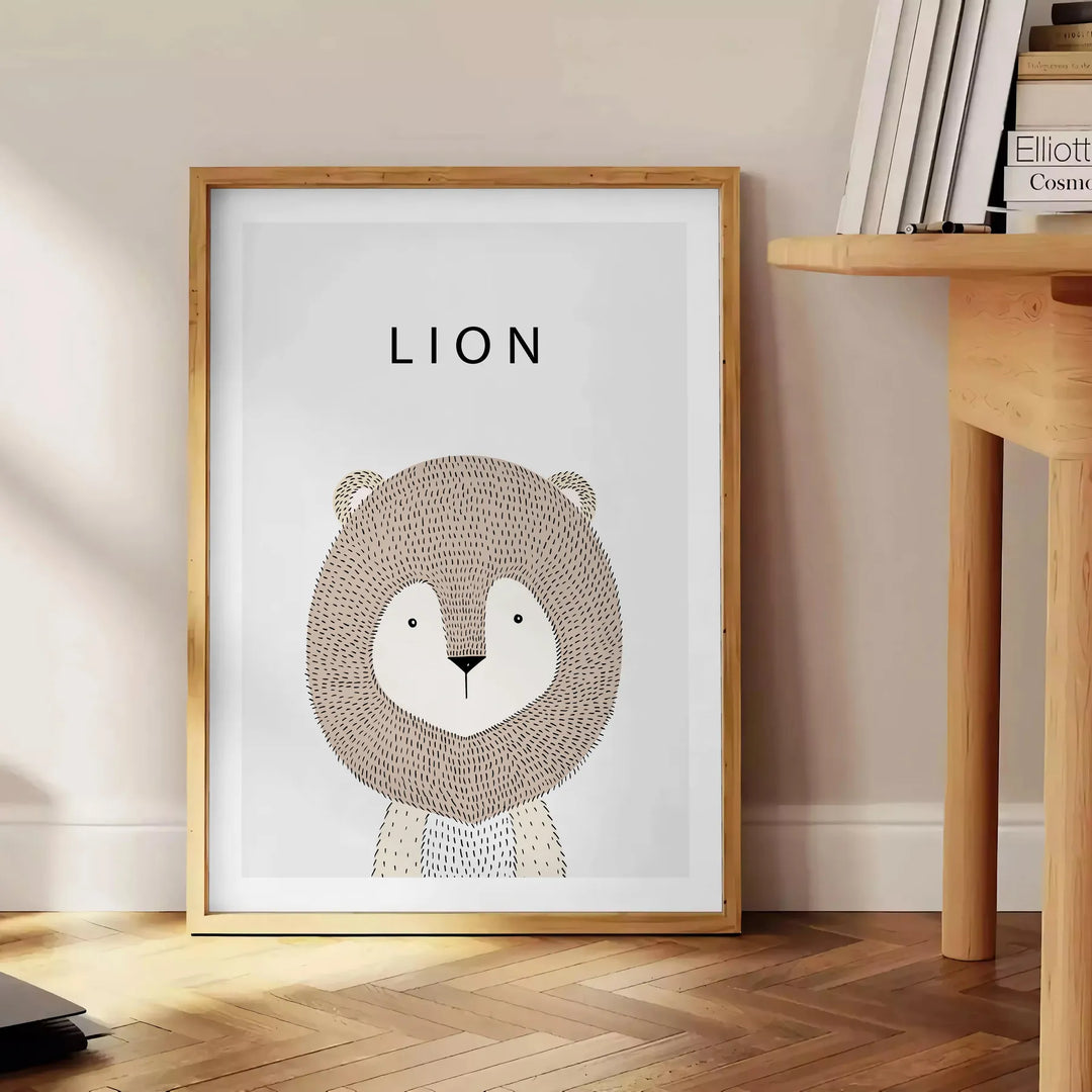 A realistic lion portrait in shades of gray and black - beside a round wooden side table with books