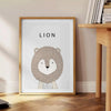 A realistic lion portrait in shades of gray and black - beside a round wooden side table with books