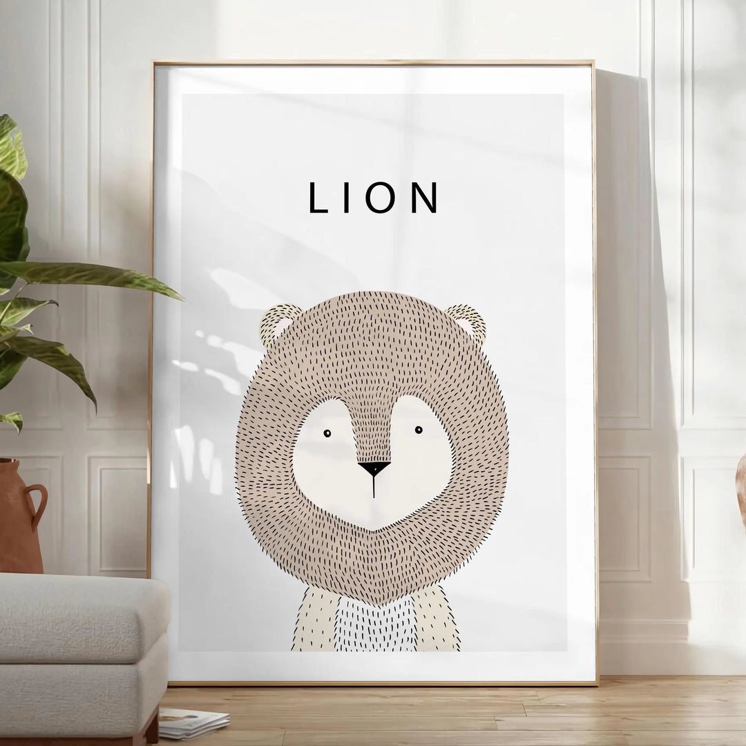 A realistic lion portrait in shades of gray and black - in a bright minimalist room with a plant and an armchair