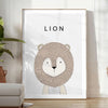 A realistic lion portrait in shades of gray and black - in a bright minimalist room with a plant and an armchair