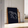 A black lion's head with green accents in a bold, modern style - leaning on a herringbone floor against a white panelled wall
